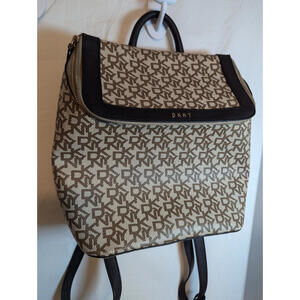 DKNY Bradee Signature Backpack Bag Flap Closure Logo Pattern Beige Original